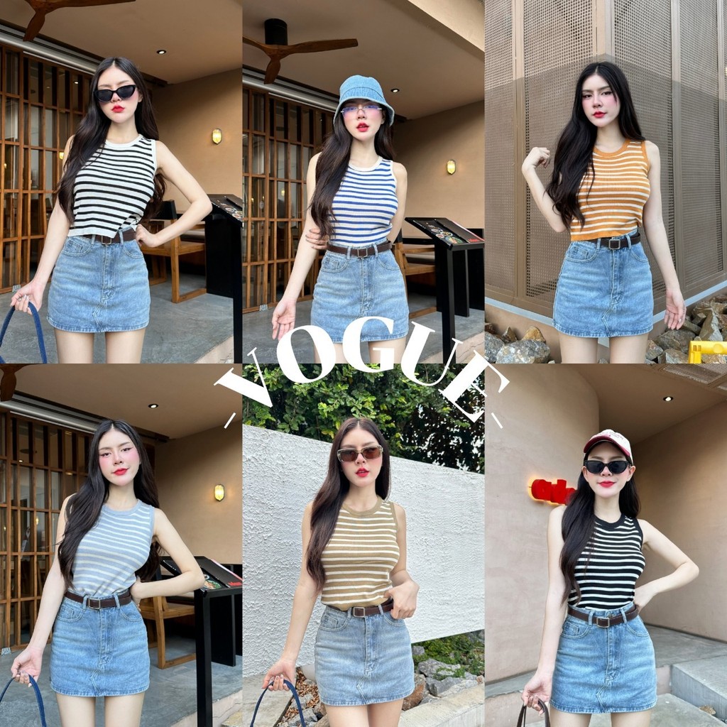 Vogue พร้อมส่ง เสื้อกล้ามครอปสั้น ไหมพรม ดีเทลลายทางสีสดใส ใส่สบาย (83106)