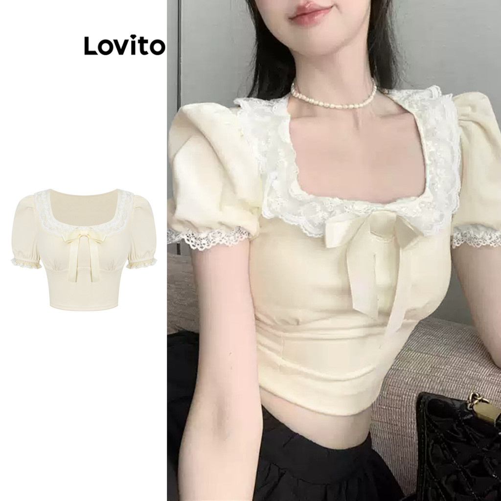 Lovito เสื้อเบลาส์คอระบายธรรมดาน่ารักสำหรับผู้หญิง LAD106771
