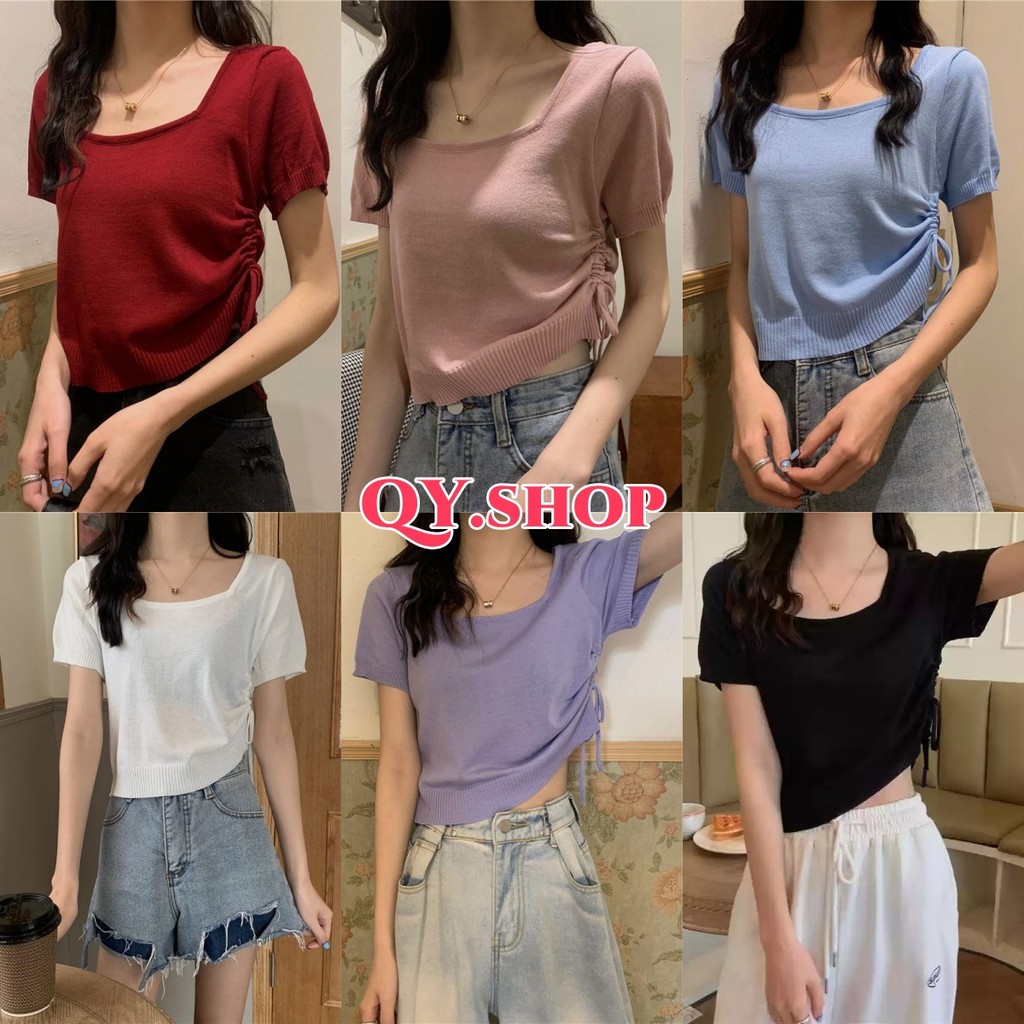 QY.Shop สินค้าราคาพิเศษ พร้อมส่ง เสื้อไหมพรมแขนสั้นสีพาสเทล​ ดีเทลเชือกรูดข้างสุดเก๋ "3487"