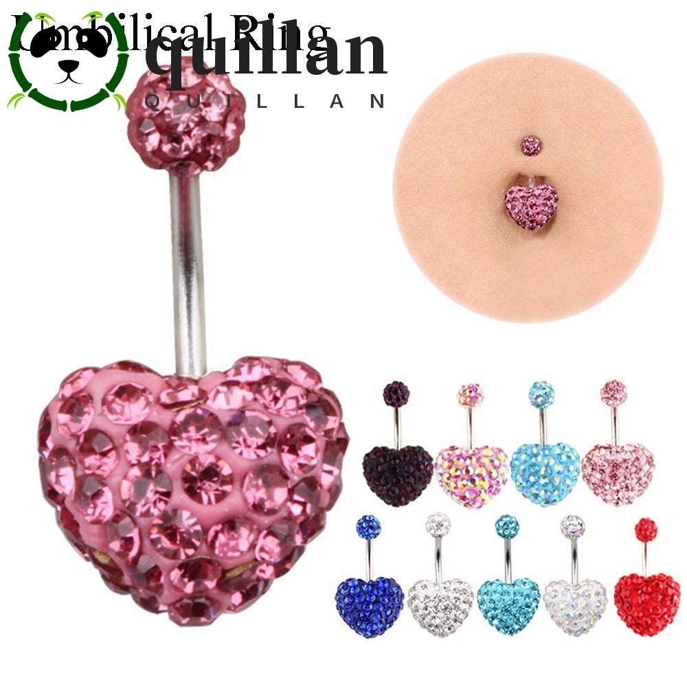Quillan แหวนเจาะร่างกายจิวสะดือท้องสแตนเลสเซ็กซี่รูปหัวใจคริสตัล