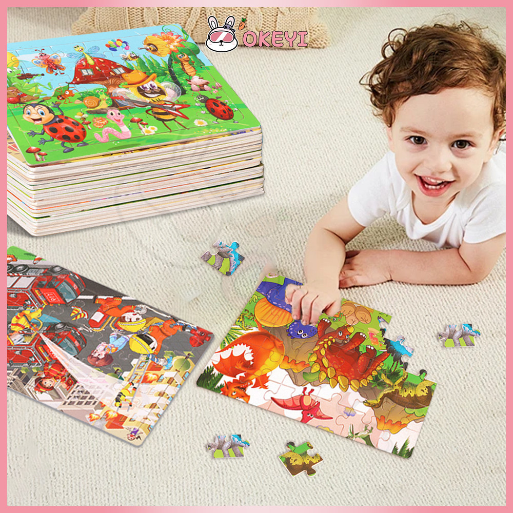 OKEYI จิ๊กซอว์ไม้ ตัวต่อไม้  ลายการ์ตูน จิ๊กซอว์ บล็อกไม้ 30 ชิ้น พร้อมกรอบไม้ ของเล่นไม้