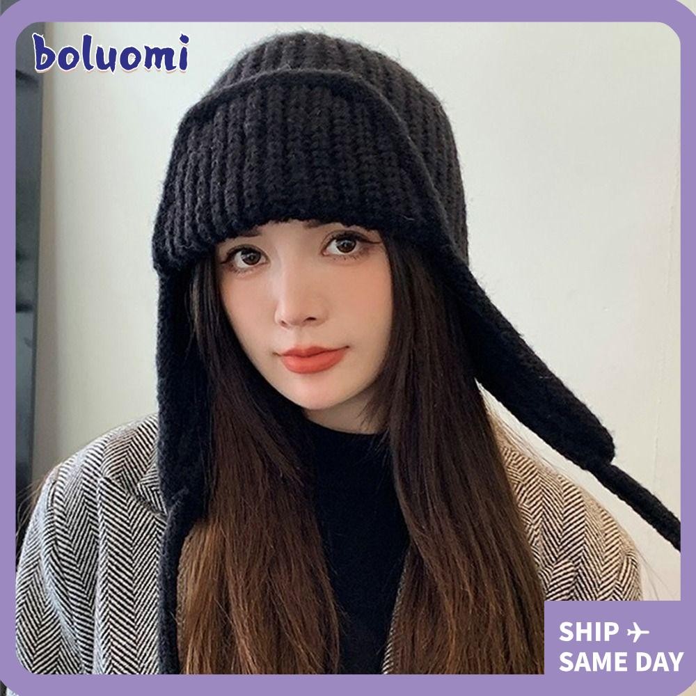โบลูโอมิ หมวกถัก,หนาสีทึบ ฝากระโปรง หมวก,แฟชั่นฤดูหนาวที่อบอุ่นป้องกันหูสําหรับผู้หญิงสาว