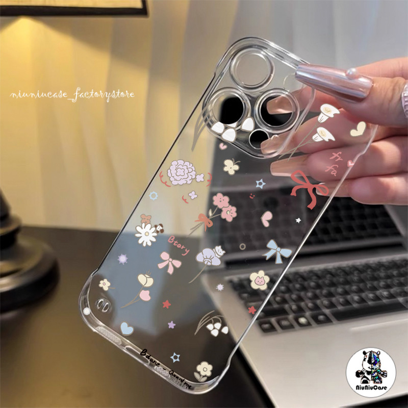 บางใสไร้ขอบสำหรับเคสไอโฟน11 ลายดอกไม้ กรณีโทรศัพท์ iPhone 11 12 13 14 15 16 Pro Max 14P 15P ผู้ถือโลหะ กรณีป้องกันการตก