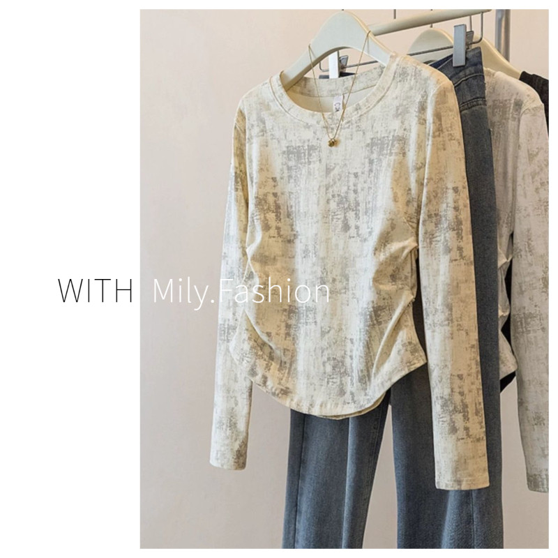 Milyfashion เสื้อยืดแขนยาวมัดย้อมไม่สม่ำเสมอไซส์ใหญ่เสื้อตัวในสำหรับผู้หญิงเสื้อตัวในทรงเข้ารูปสำหรับสาวอวบ