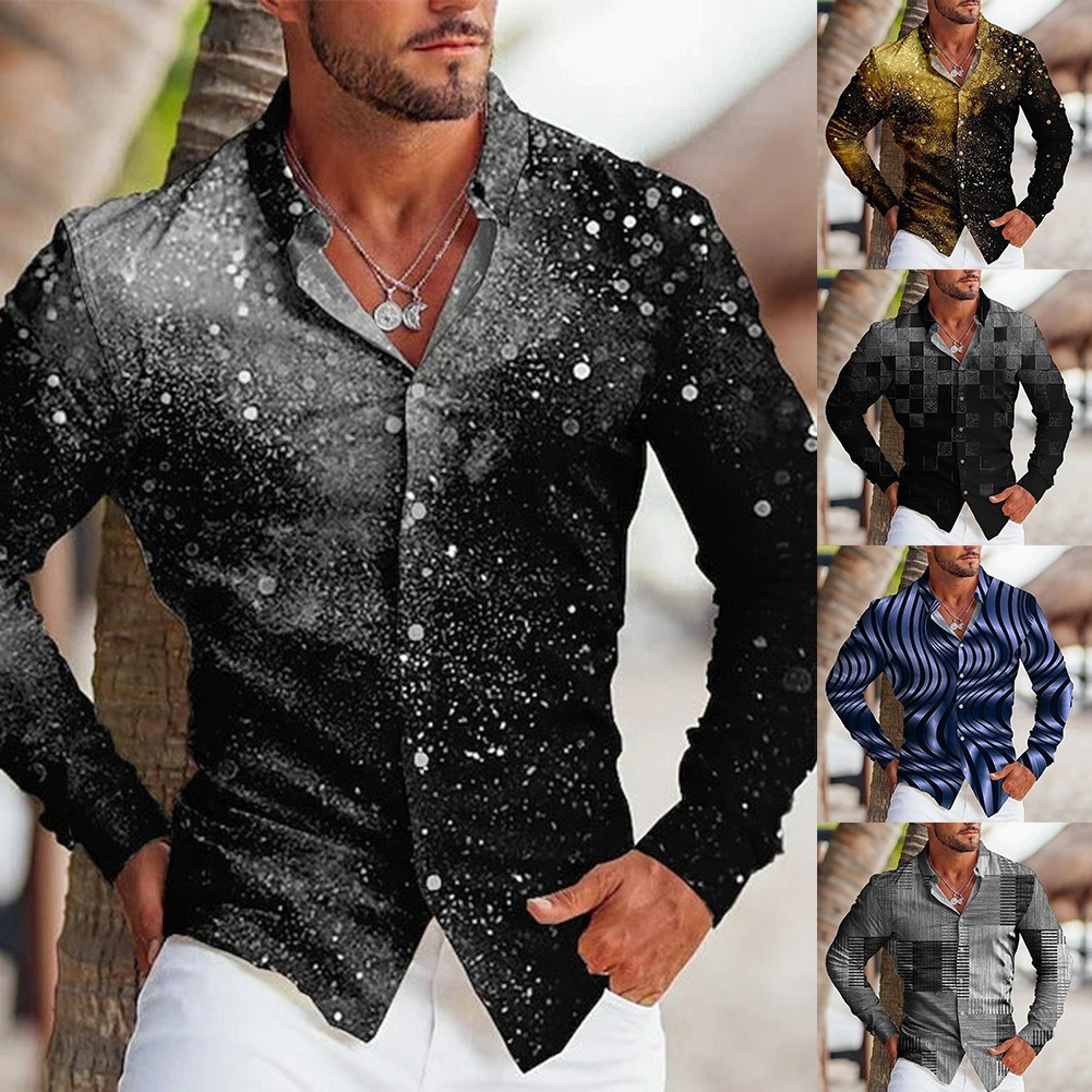 (APPTY) แฟชั่นปุ่มลงเสื้อผู้ชาย Baroque Casual แขนยาว Vintage Party Up Dress