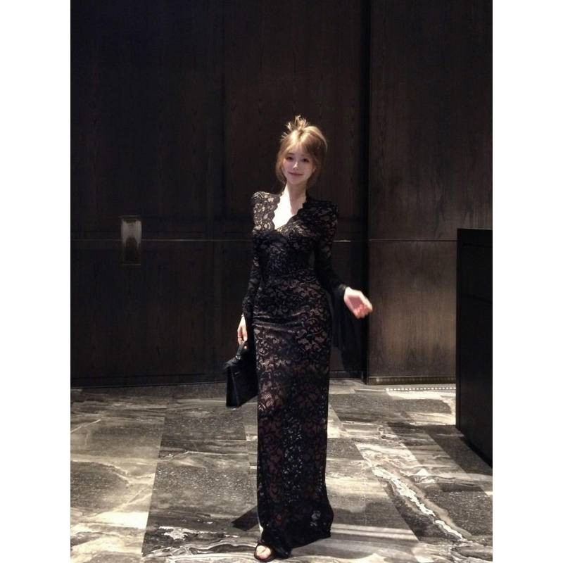 Xyzkuli Retro ชุดลูกไม้สีแดงผู้หญิงฤดูใบไม้ร่วงแขนยาวแคบ-เอว Slim-Fit กระโปรง French Royal Sister อารมณ์สะโพก ราคา ถูกที่สุด ดีลบีเคเค แกลเลอรีภาพที่ 9