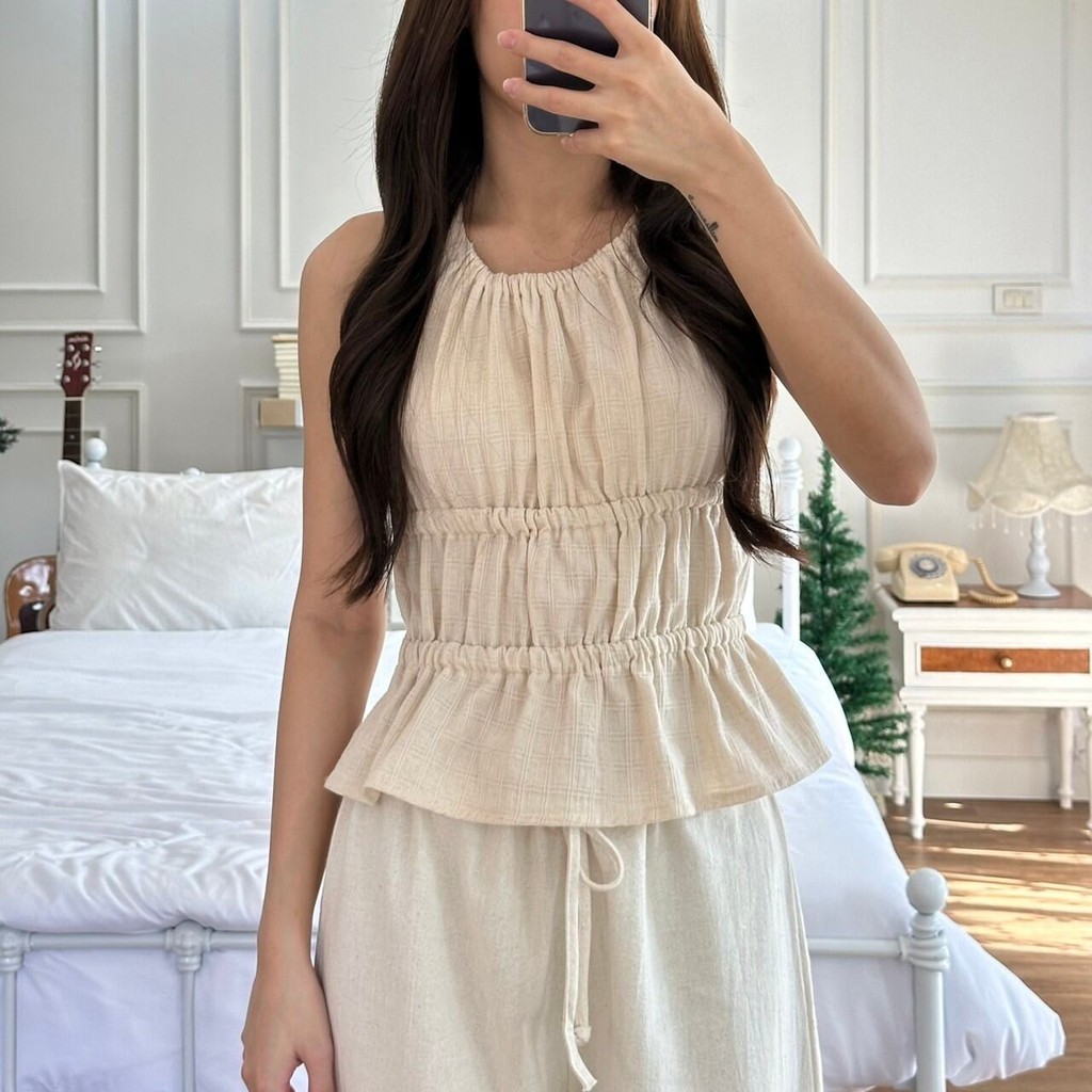 Muffin Tops เสื้อแขนกุด เฉพาะเสื้อ สีเบจ ผู้หญิง เสื้อกล้าม ยางยืดรอบตัว มินิมอลเกาหลี Prosperous.th