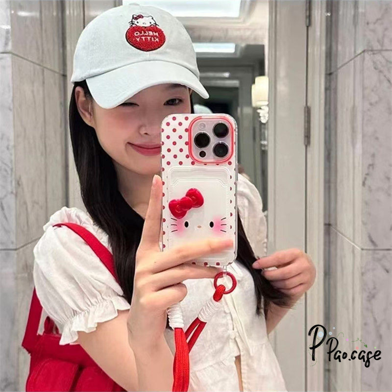น่ารัก คิตตี้โบว์เข้ากันได้กับเคสไอโฟน 16 17 AIR 11 13 15 XR 14 12 Pro Max 7 8 Plus X XS SE เชือกกระเป๋าสตางค์บัตรเคส