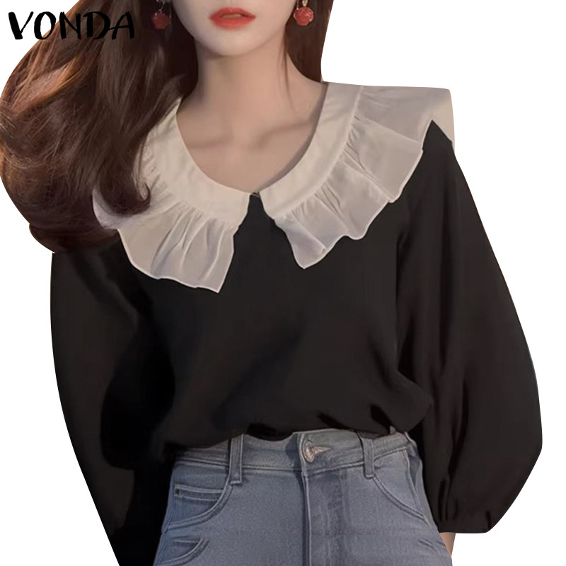 Vonda ผู้หญิงเกาหลี Casual Elegant Lapel Spliced แขนยาวหลวม