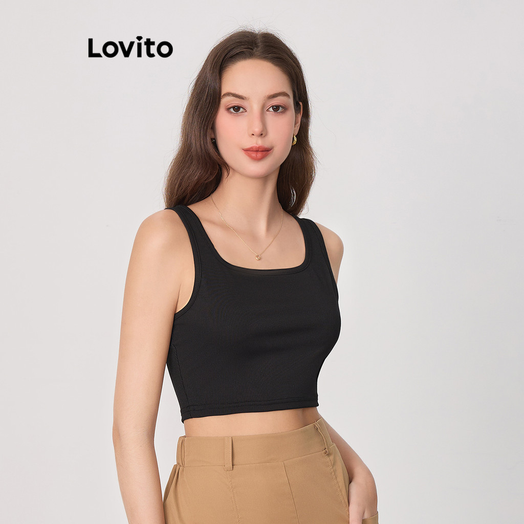 Lovito เสื้อกล้ามผู้หญิง ผ้าร่อง สีพื้น สไตล์ลำลอง L83ED265