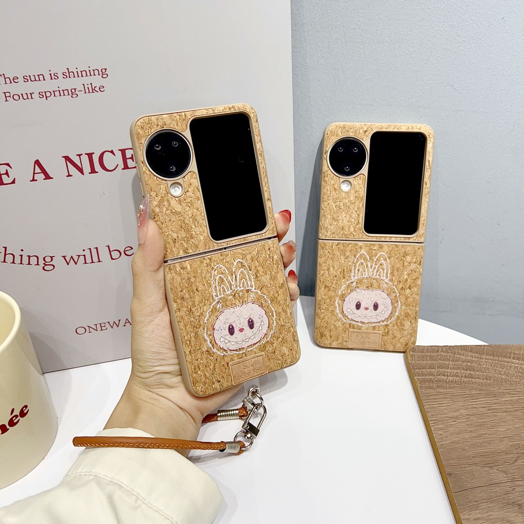 Oppo Find N3 flip 5G เคสไม้อ่อนน่ารักการ์ตูน Labubu พร้อมสายโซ่เคส OPPO Find N2 flip 5G โทรศัพท์ความคิดสร้างสรรค์ฝาครอบ