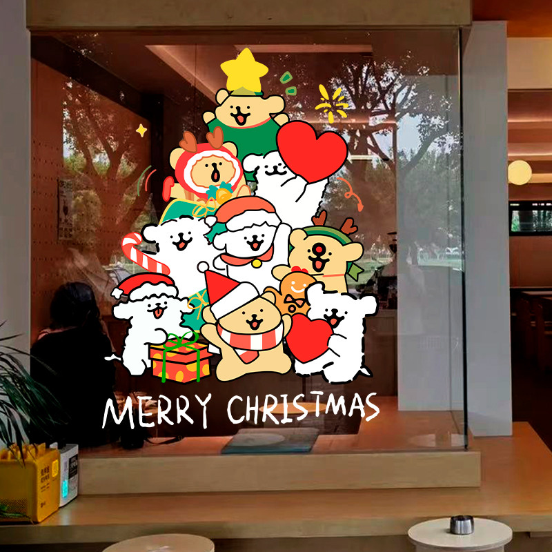 อิน ตกแต่งคริสต์มาสประตูกระจกสติกเกอร์ร้านการ์ตูนต้นคริสต์มาสสุนัขต้นคริสต์มาสสติกเกอร์หน้าต่าง