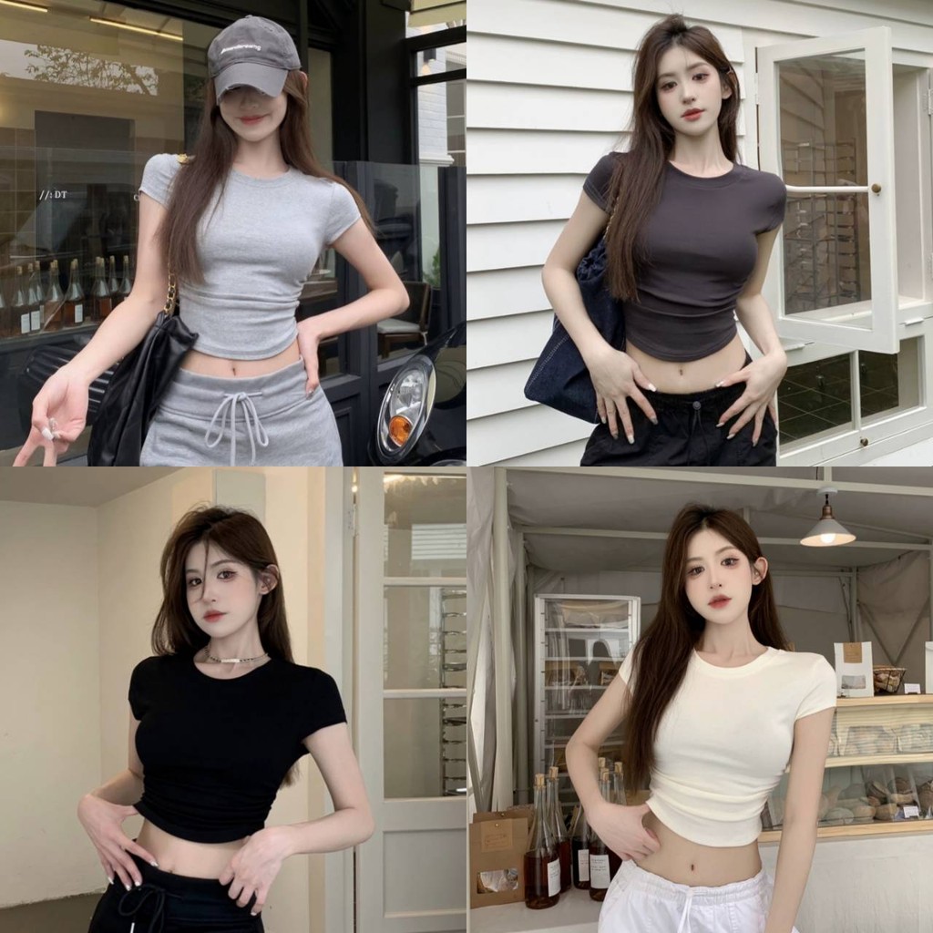 Pudding ~พร้อมส่ง~ "FY9388" เสื้อยืดครอปแขนสั้นใส่สบาย คอกลม ทรงรัดตัวสีพื้น