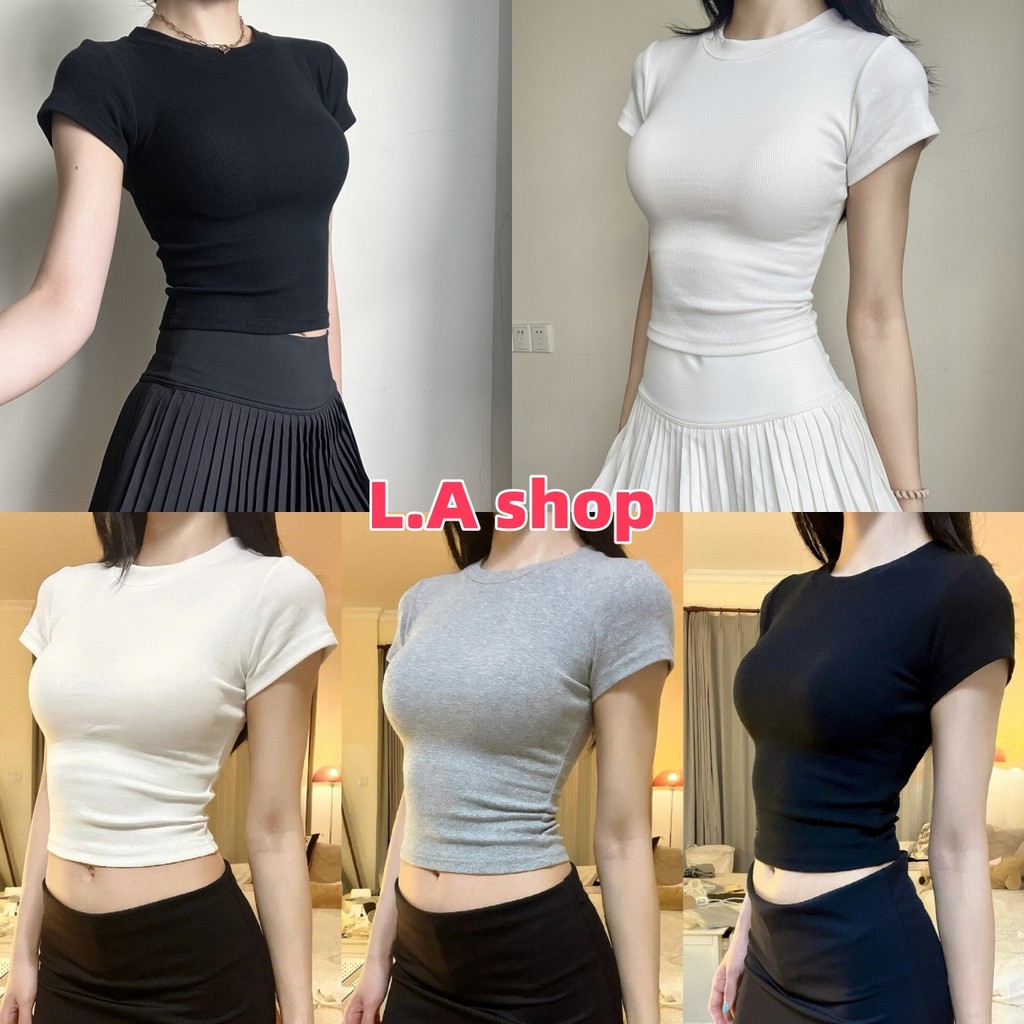 L.A Shop★สไตล์ใหม่★ เสื้อยืดครอปแขนสั้น คอกลม น่ารักที่สุด ทรงรัดตัวสีพื้น "FY9388"