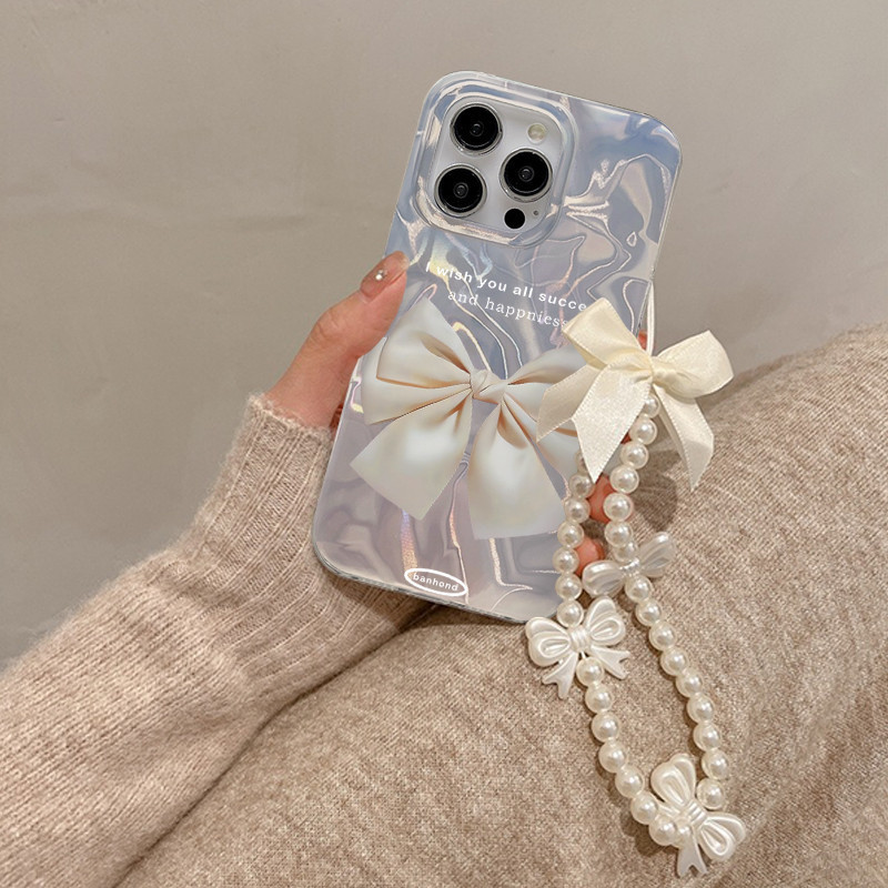 SAMSUNG ลูกไม้โบว์มุกสร้อยข้อมือเคสโทรศัพท์สําหรับsamsung Galaxy A02 A02S M02S F02S A03S A03 Core A04E M04 F04 M13 A05S A11 M11 A12 A13 A13 A04S A14 A22 A15S A23 A22 A15S A22 A30 M22 A15S A30 M22