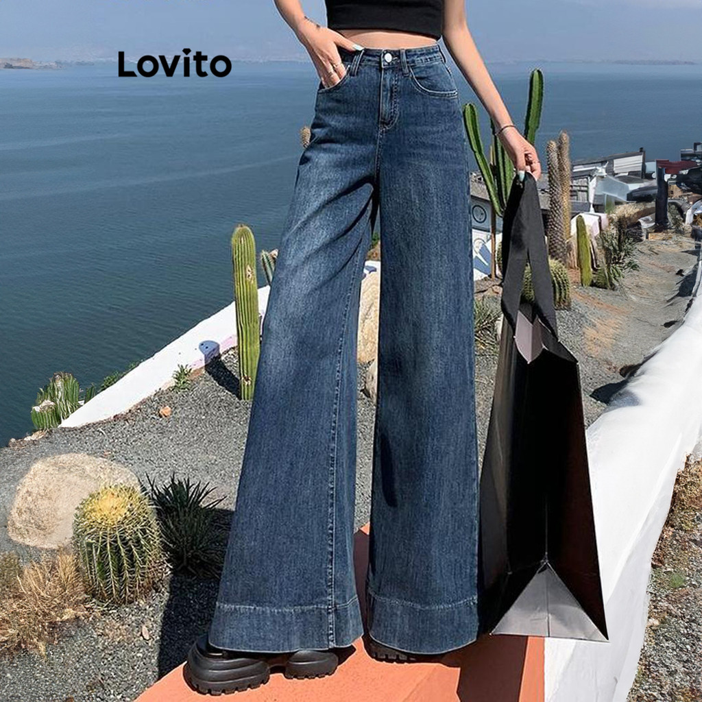 Lovito กางเกงยีนส์ผู้หญิง มีกระเป๋า สีพื้น สไตล์ลำลอง LNA71277