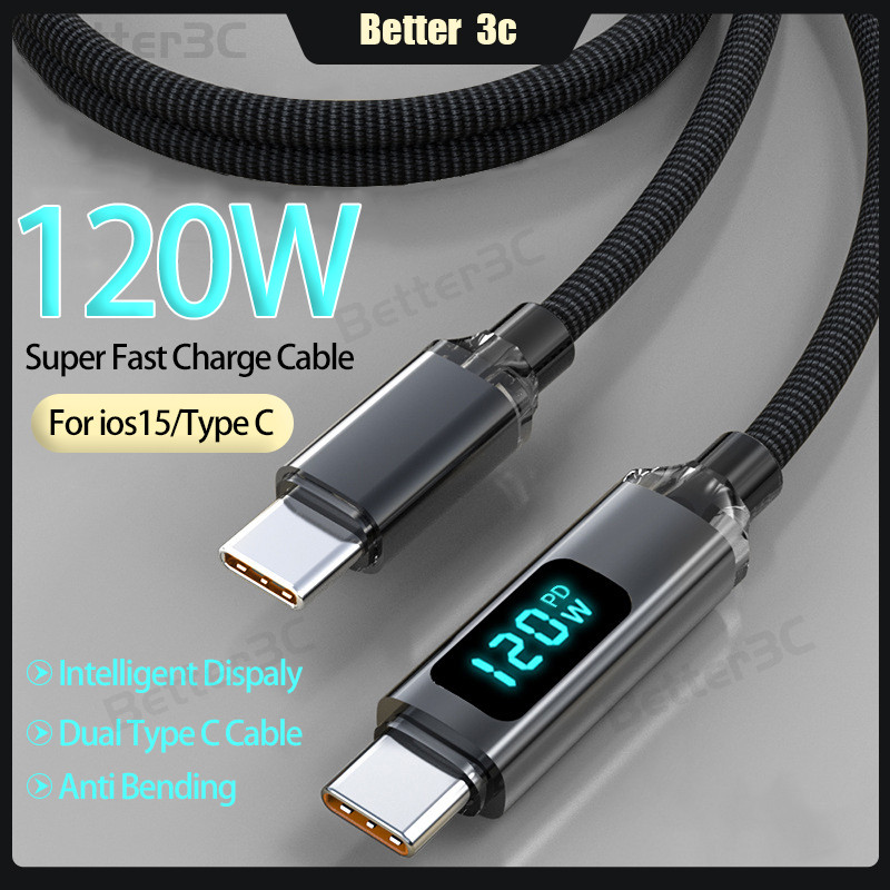 6a ชาร์จเร็วสุด usb to type c สาย 120W ทอป้องกันดัด type c สายชาร์จพร้อมจอแสดงผลอัจฉริยะสําหรับโทรศัพท์มือถือ/แท็บเล็ต/แล็ปท็อป