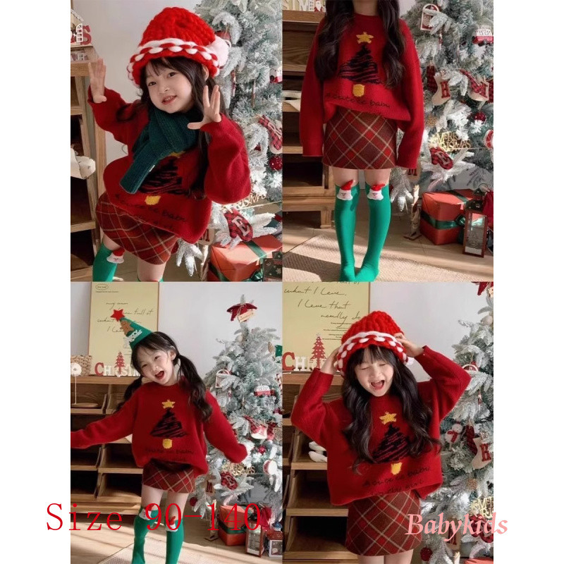 เด็กทารก สาวฤดูใบไม้ร่วงฤดูหนาวสีแดงชุดสองชิ้นเด็กหนากระโปรงทําด้วยผ้าขนสัตว์เสื้อกันหนาวชุดธีมคริสต์มาส