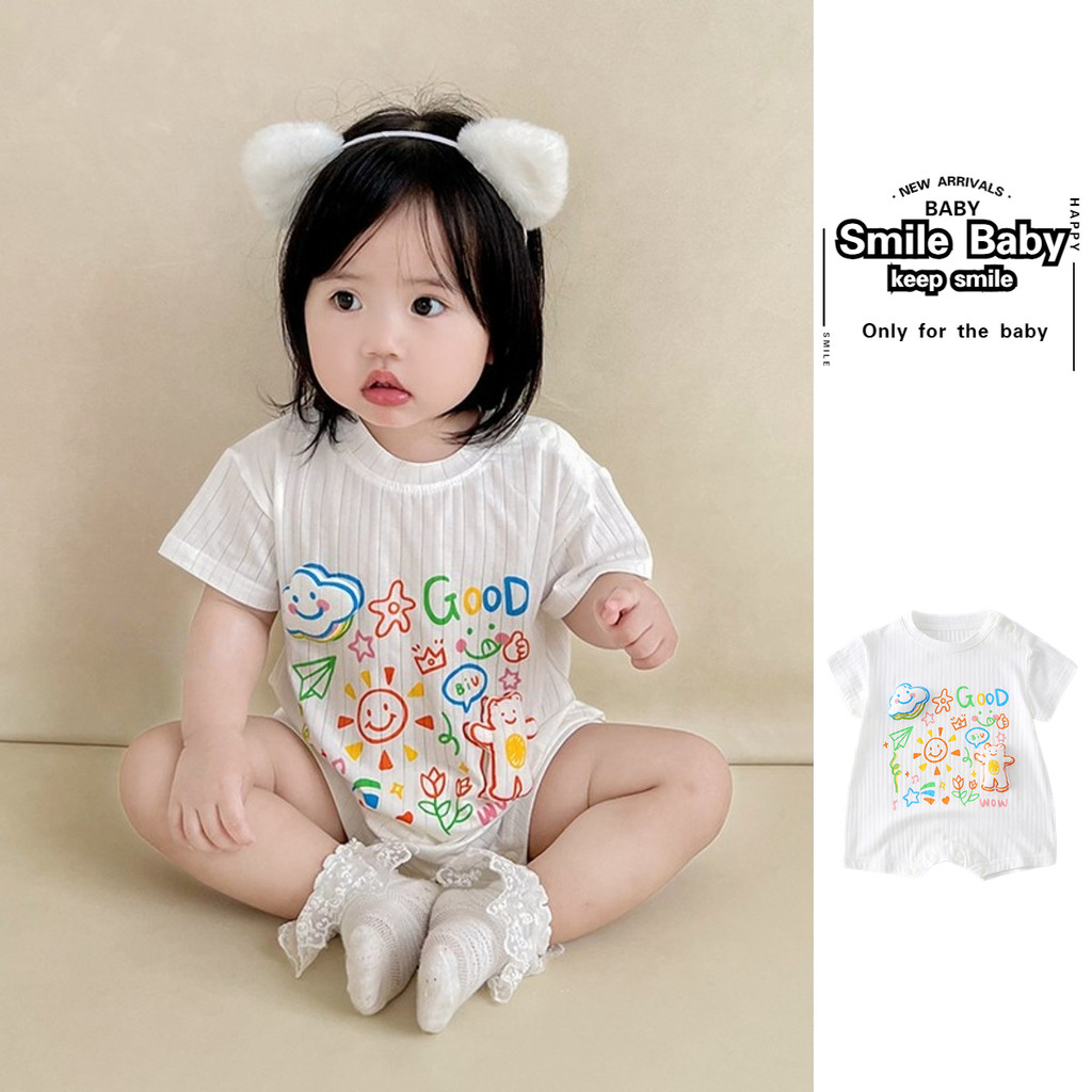 ฤดูร้อนใหม่เสื้อผ้าเด็กชายและหญิงบอดี้สูทแขนสั้น0-24เดือนเป็นมิตรกับผิวระบายอากาศจดหมายการ์ตูนหมี ชุดรอมเปอร์