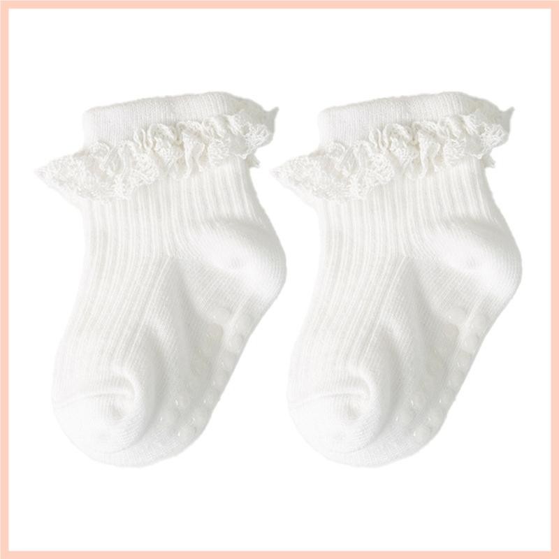 Cc Girls Ruffled Lace Ankle Socks Strong Grips ถุงเท้าน่องสั้นสําหรับสวมใส่ทุกวัน