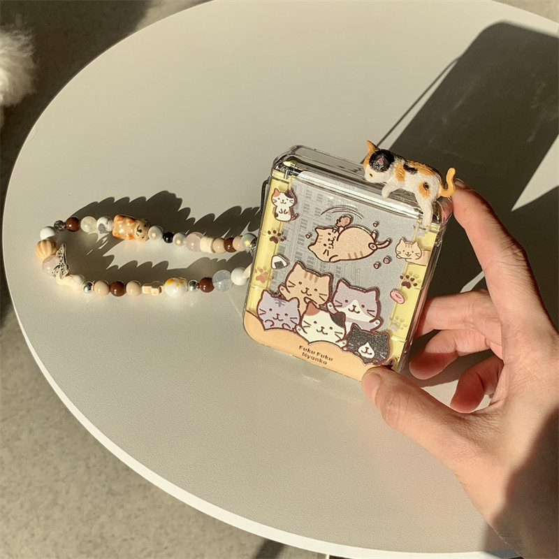 คู่ใสออกแบบการ์ตูนน่ารักปลอก Zflip8 Flip7 Flip5 Flip6 Hard PC Cat สําหรับ Samsung Galaxy Z Flip8 7 6 5 เคสโทรศัพท์เชือกเส้นเล็ก