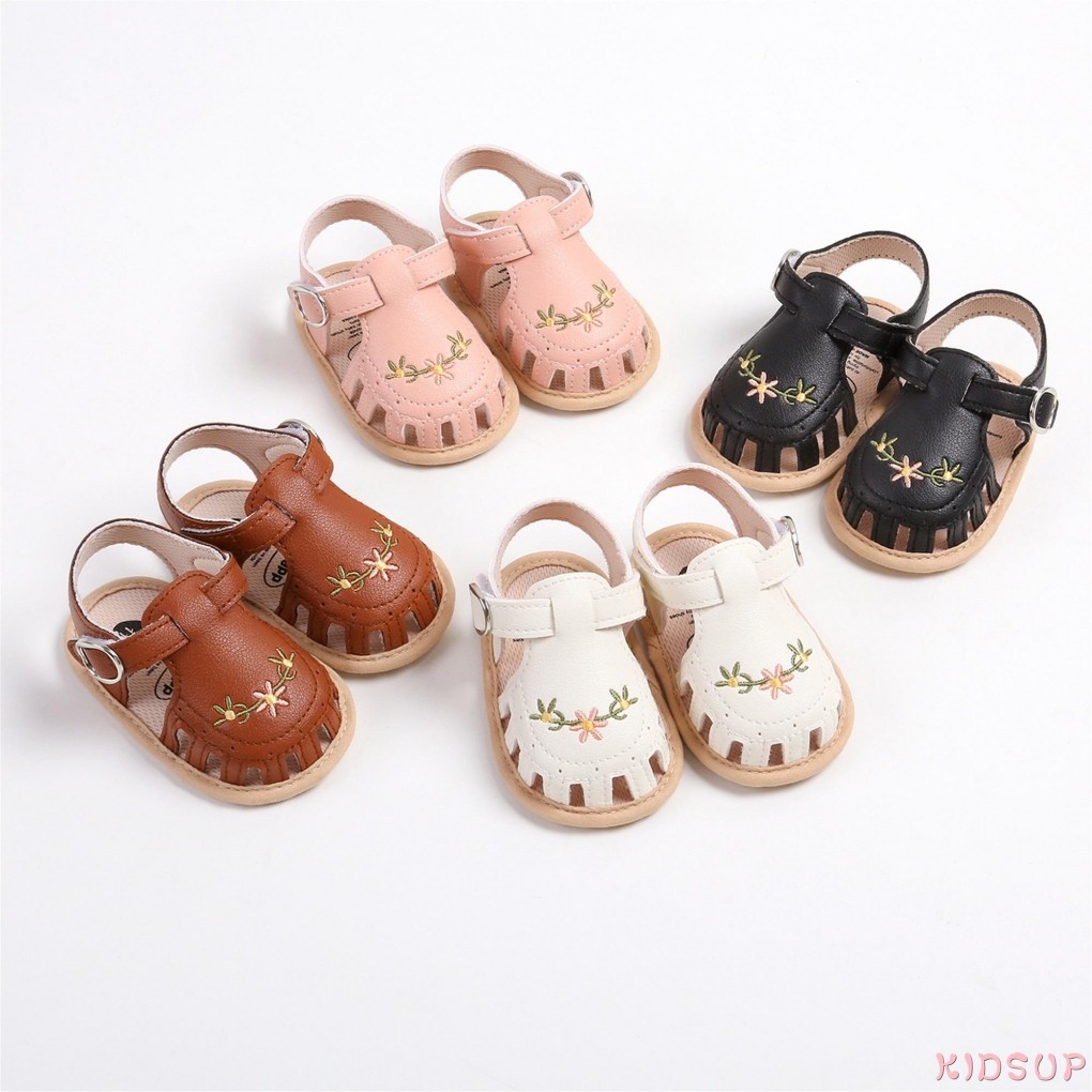 Kidsup1-รองเท้าแตะเด็กผู้หญิง PU หนังลื่นเย็บปักถักร้อยดอกไม้ฤดูร้อนรองเท้าเด็กวัยหัดเดินสําหรับ Casual ทุกวัน
