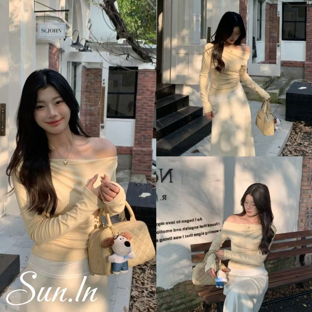 SUN พร้อมส่ง เสื้อยืดแขนยาวไหล่เป๋อารมณ์ลูกไม้ประกบด้านล่างเสื้อเอวเข้ารูปพอดีด้านบน