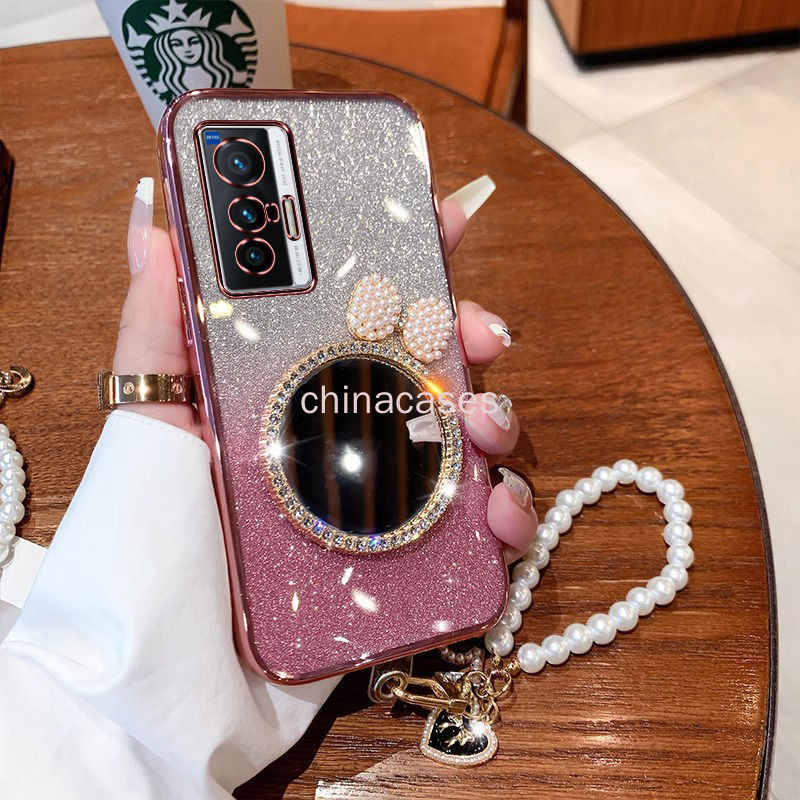 VIVO X70 X80 X80 Pro X90 Pro + X100 XS100S X100ULTRA เคสโทรศัพท์โปร่งใสรอบ Tie กระจกสร้อยข้อมือซิลิโคนอ่อนนุ่ม Love Shell กันกระแทก Glitter ฝาครอบ RFVTGBY