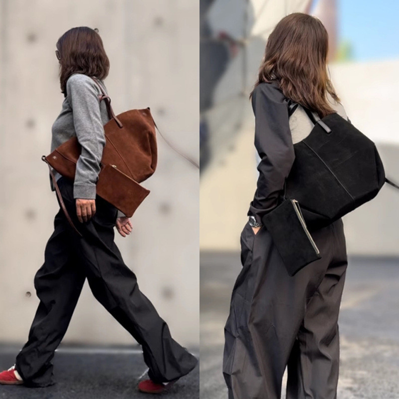 POLENE ใหม่ Tote Bag, French Niche Suede Wing Bag, กระเป๋าสะพายความจุขนาดใหญ่กระเป๋าถือ