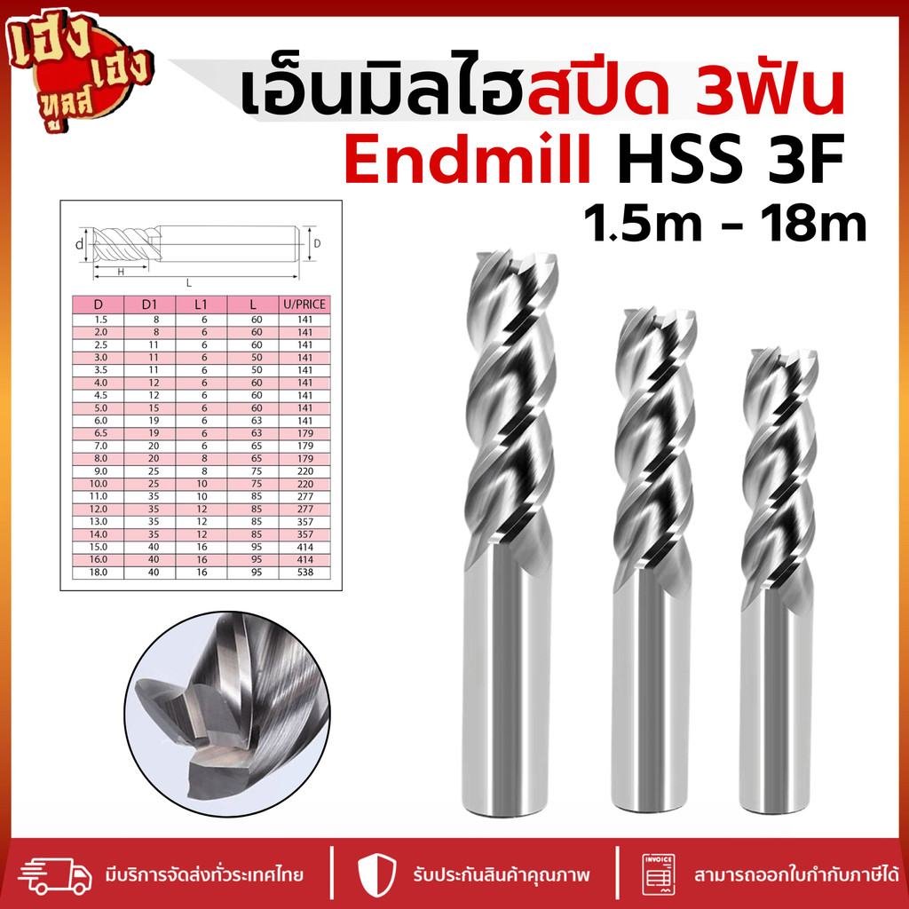 เอ็นมิลไฮสปีด 55HRC HSS 3ฟัน เคลือบ Co8 (1.5-18mm) Endmill HSS 3F (1.5-18mm) ดอกกัดเหล็ก สแตนเลส ไม้