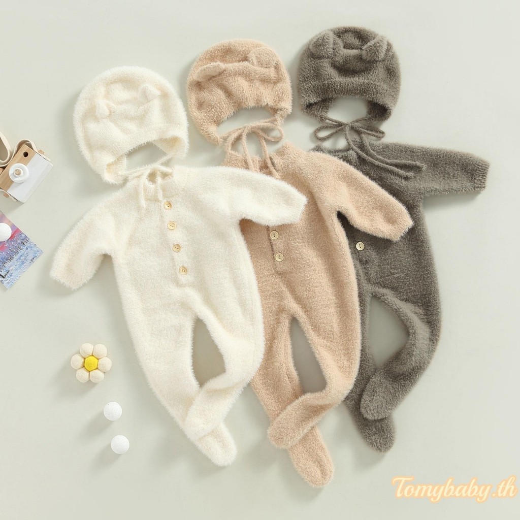 Tomybaby-ชุดจั๊มสูทผ้ากํามะหยี่ฤดูหนาวสําหรับเด็กแขนยาวคอกลมปุ่มปิดชุดรอมเปอร์ + หมวก