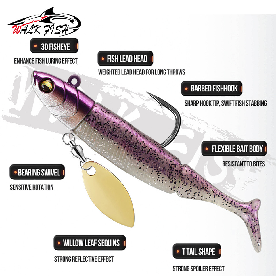 เดินปลา 1 กล่อง 95 มม./20 กรัมประเภทปลาซิลิโคน Soft Lure Jig Head 3D Eyes T-tail Fishing Lure พร้อมตะขอ - รูปที่ 4