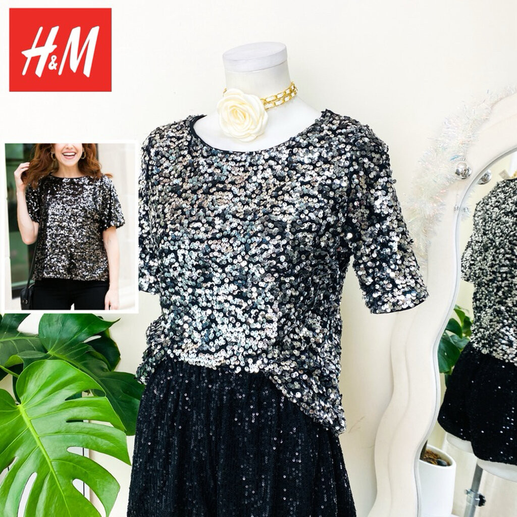 ไซด์ M-L แบรนด์ H&M แท้ 100% เสื้อ ครอป งานเกล็ดวิบวับ สีเงิน ใส่ออกงาน ชุดออกงาน ชุดปาร์ตี้ วันเกิด