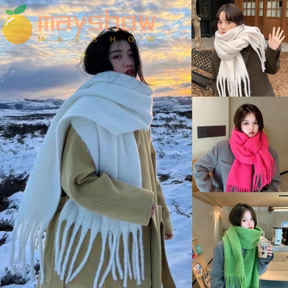 Mayshow ผ้าพันคอพู่ยาว, สีทึบนุ่มฤดูหนาวผ้าพันคอแคชเมียร์, แฟชั่น Warm Mohair หนาผ้าคลุมไหล่ห่อผู้หญิง