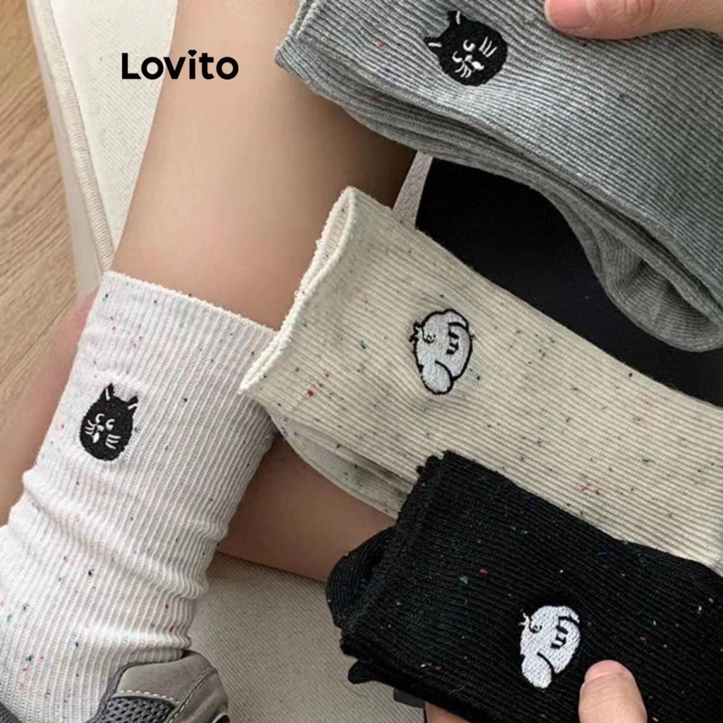 Lovito ถุงเท้าผู้หญิง เบสิก ลายการ์ตูน สไตล์ลำลอง LNL61102