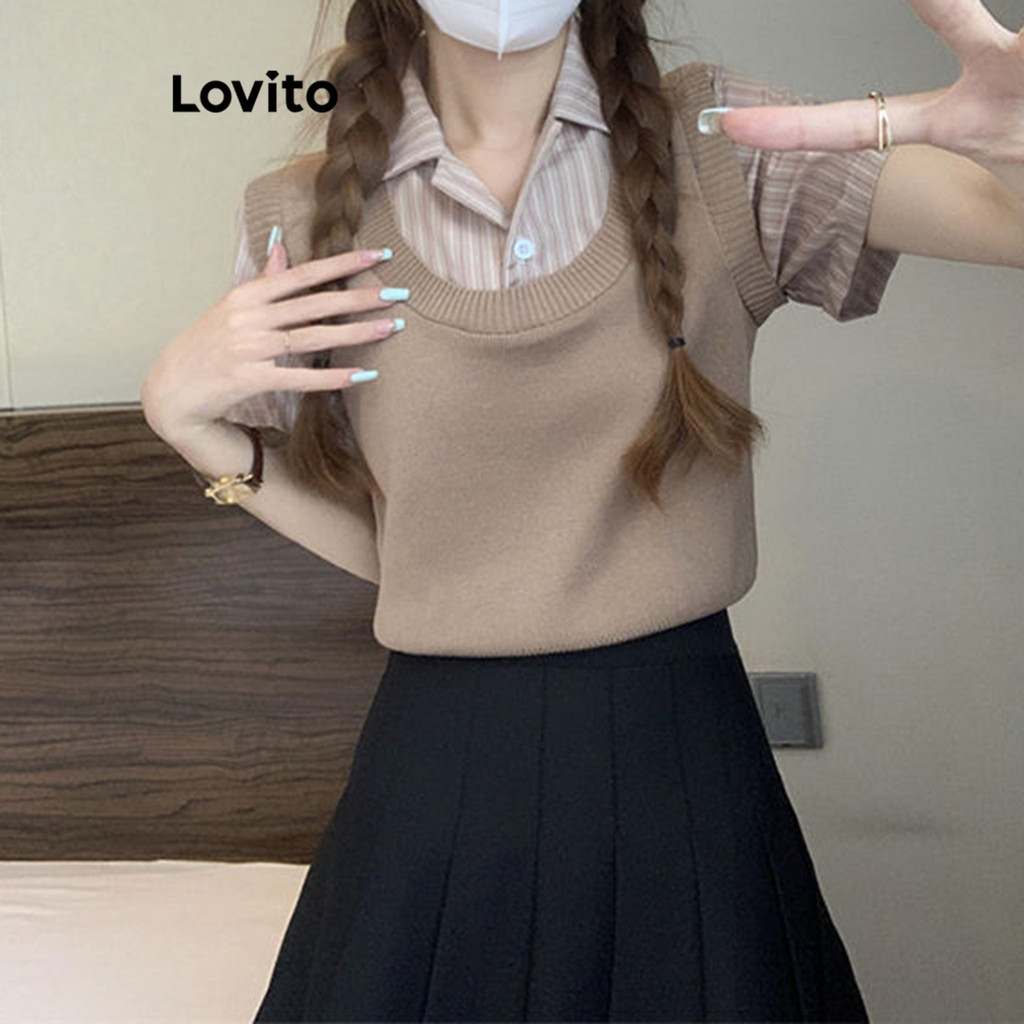 Lovito 2 IN 1 เสื้อถัก คอนทราสท์ไบดิ้ง ผ้าตัดเย็บ ลายทาง เพร็พพี่ สำหรับผู้หญิง LNA19062 (สีกากี/เทา/ดำ)