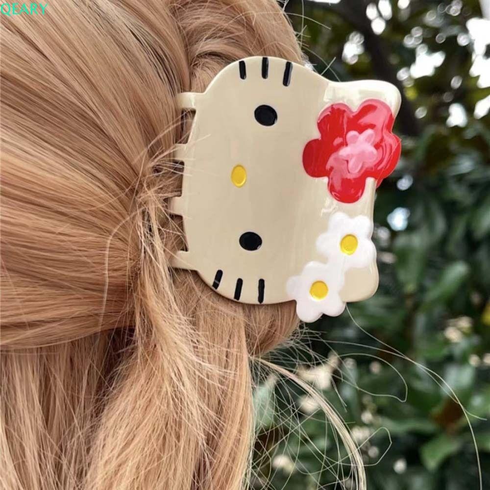 Qeary Hello Kitty Hair Claw, ดอกไม้สัตว์การ์ตูน Cat Shark Clip, น่ารักเชอร์รี่ขนาดกลางเรขาคณิตคลิปผมอะคริลิคสุภาพสตรี/หญิง