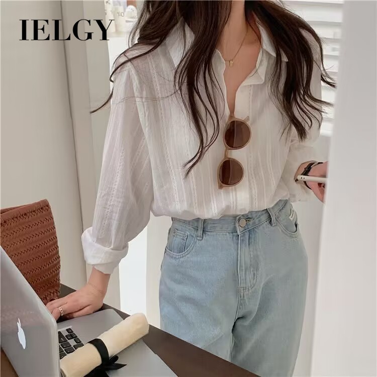 IELGY เสื้อเชิ้ตสีขาวผู้หญิงเกาหลีลําลองหลวมด้านบน