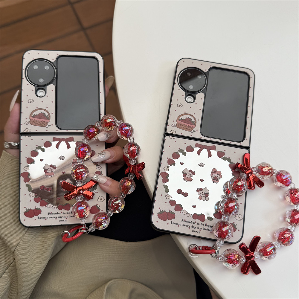 ฝาหลังสําหรับ OPPO Find N3 N2 Flip Case Strawberry Hello Kitty Cat พร้อมสร้อยข้อมือกระจก Hard PC กันกระแทกเคสโทรศัพท์