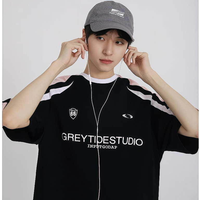 BECoolMan🌟แขนสั้นพิมพ์ลายตัวอักษรผู้ชาย  ชุดคู่รัก  สไตล์อเมริกันวินเทจ  เสื้อแขนยาวลายทาง  แบบหลวม - รูปที่ 3