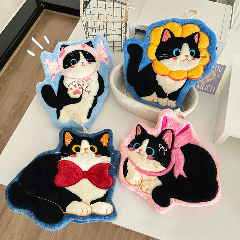 การ์ตูนคิตตี้รูปร่างผ้าเช็ดมือนุ่มบ้านแขวนผ้าขนหนูห้องน้ําห้องครัวมือเช็ด
