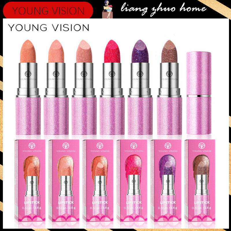 Young VISION ลิปสติกลายนูนเพชรให้ความชุ่มชื้นยาวนานชิมเมอร์สีน้ําตาลประกายลิปกลอสกันน้ํา Matte Glitter ลิปสติกสีม่วงแต่งหน้า