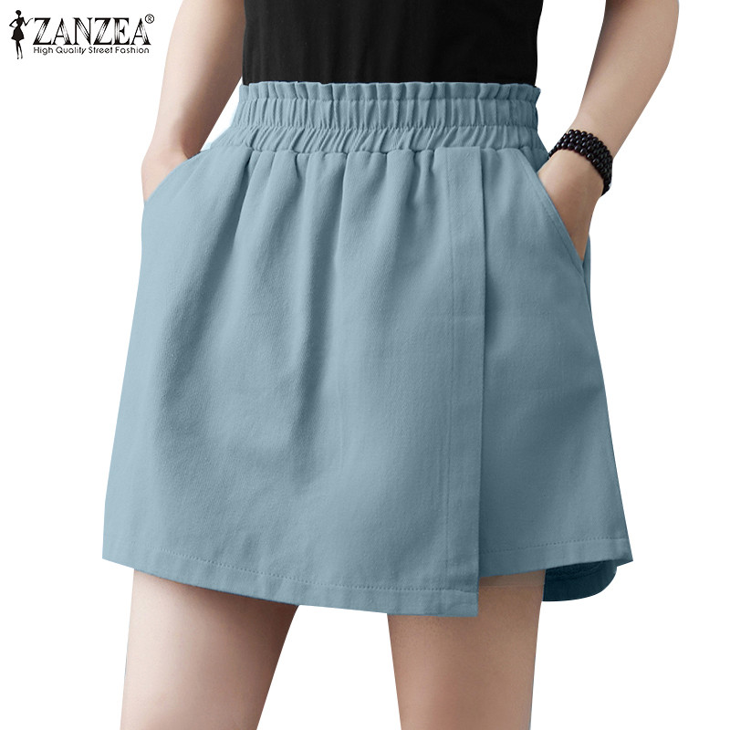 ZANZEA ซานเซีย ผู้หญิงเกาหลีเอวยางยืดสบายๆกางเกงขาสั้นฤดูร้อนหลวม