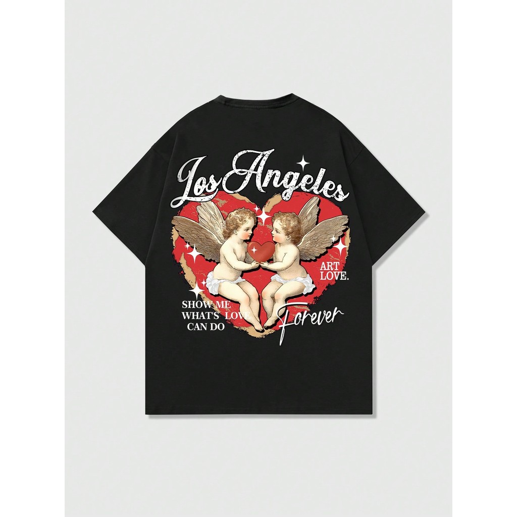 เสื้อยืดแขนสั้นพิมพ์ลายหัวใจ Street Life สำหรับผู้ชาย พร้อมกราฟิก XOXO/Kiss/Cupid/Angel/Heart