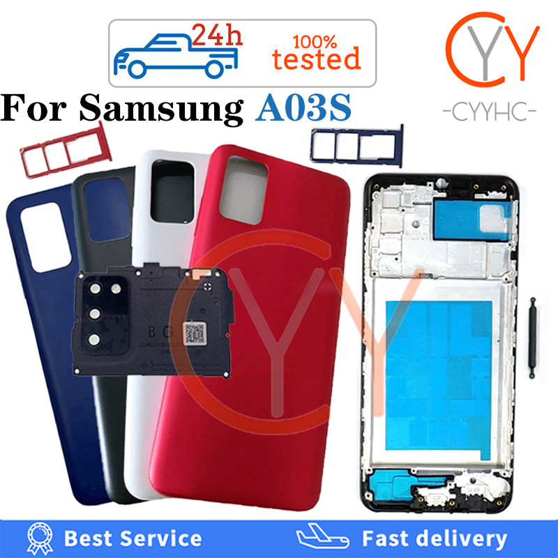 สําหรับ Samsung Galaxy A03S A037 ฝาหลังแบตเตอรี่ปุ่มปรับระดับเสียงปิดปุ่มเปิดปิดฝาครอบแบตเตอรี่ประตูด้านหลัง + กรอบด้านหน้า LCD + เปลี่ยนซิมการ์ดถาด