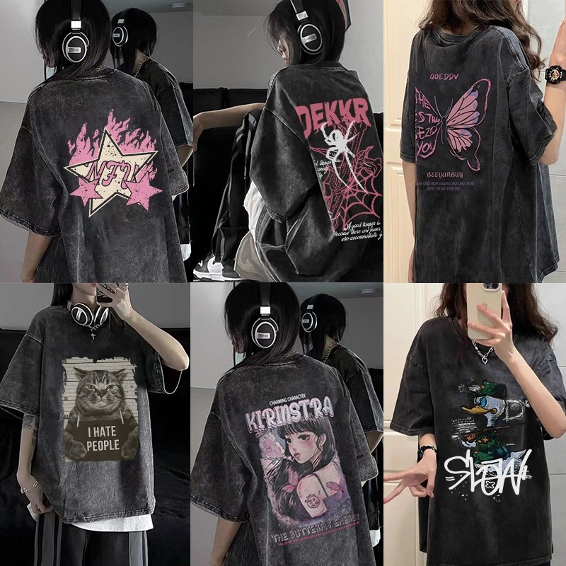 (COD จัดส่งภายใน 12 ชั่วโมง) BOOM เสื้อยืดฟอก oversize วินเทจละแฟชั่นพิมพ์ลาย สไตส์อเมริกา