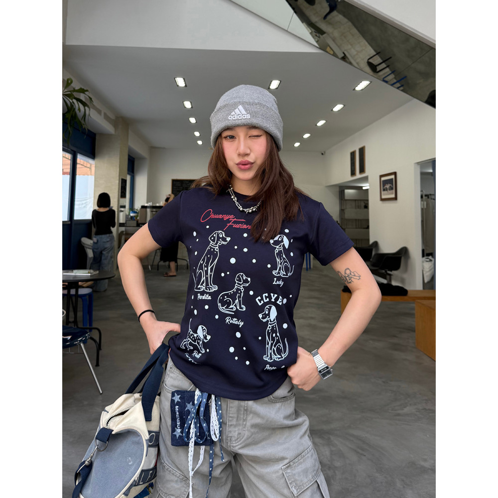 💗ส่งจากไทย💗 เสื้อยืดแขนสั้นพิมพ์ลาย 101 Dalmatian อินเทรนด์เกาหลีสำหรับผู้หญิงฤดูร้อนเสื้อคอกลมใหม่