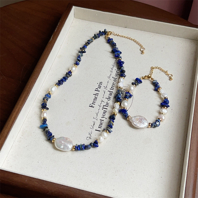 Lapis lazuli ชุดสร้อยข้อมือสร้อยคอมุกน้ําจืด