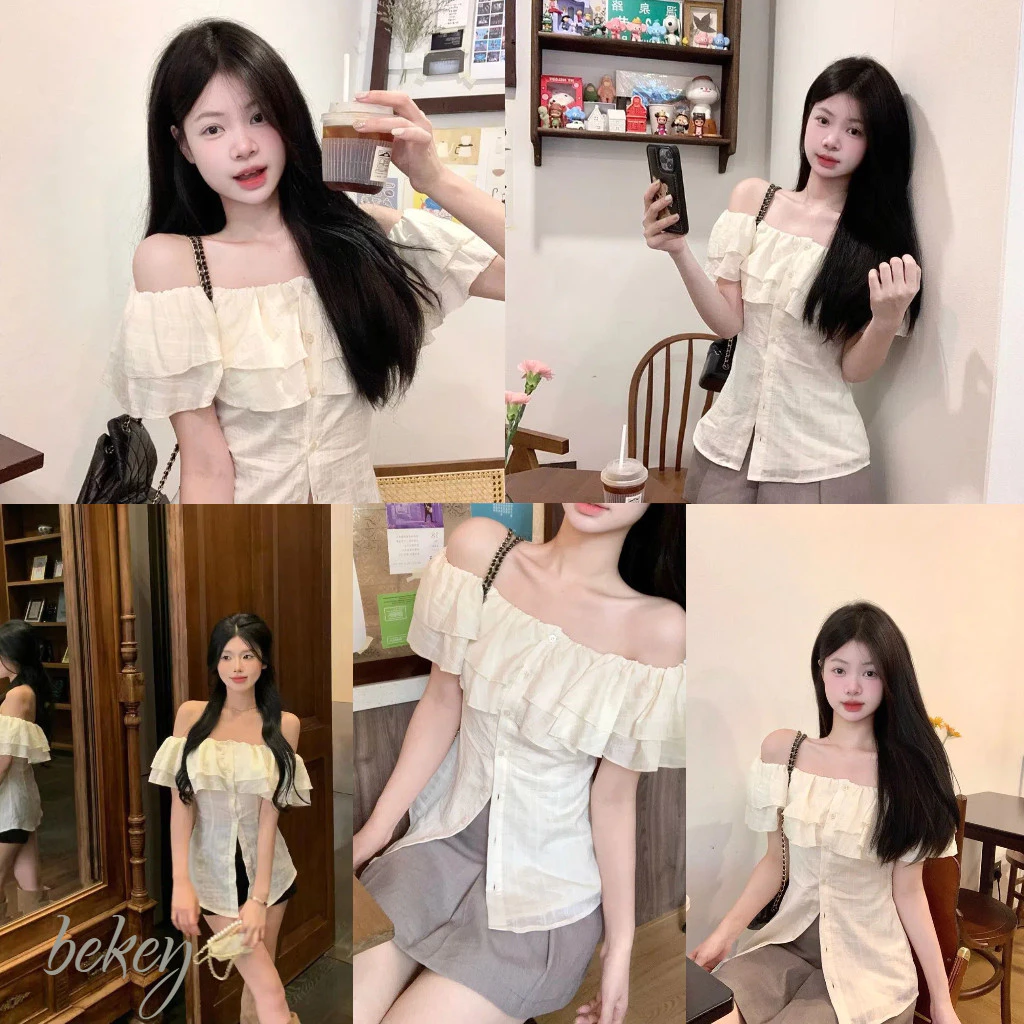 (พร้อมส่งด่วนจากกรุงเทพ🇹🇭)เสื้อเกาหลีปาดไหล่ ดีไซน์ไม่เหมือนใคร ใส่แล้วดูหุ่นดี ใส่เที่ยวคาเฟ่ได้-Z279