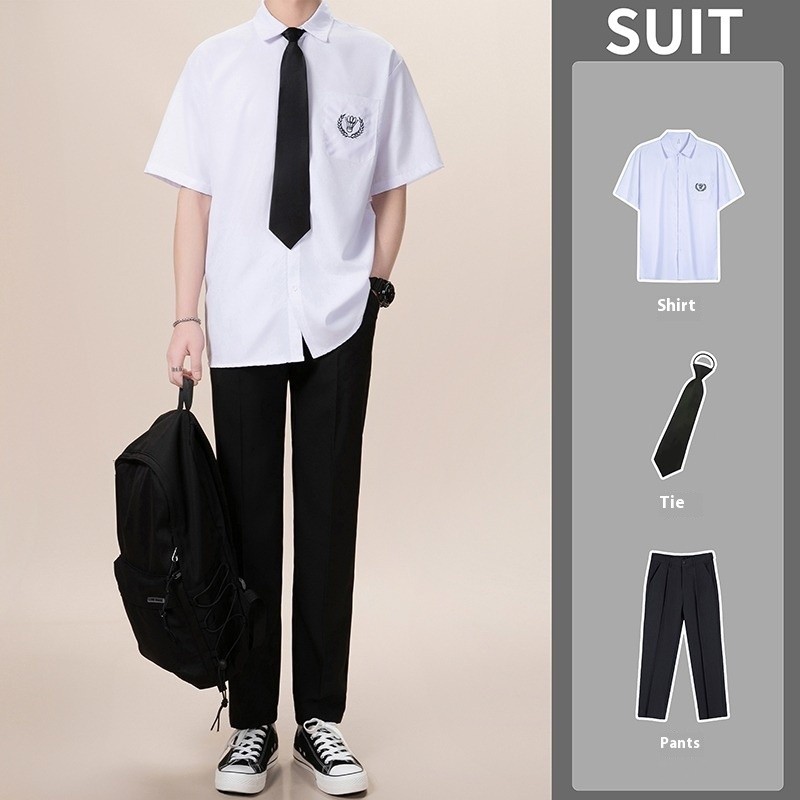 ฮันลู เสื้อเชิ้ตผู้ชายแขนสั้นชุดเต็มนักเรียนผูกเสื้อเชิ้ตสีขาวผู้ชายและผู้หญิงญี่ปุ่นเจเคสูทสไตล์วิทยาลัย